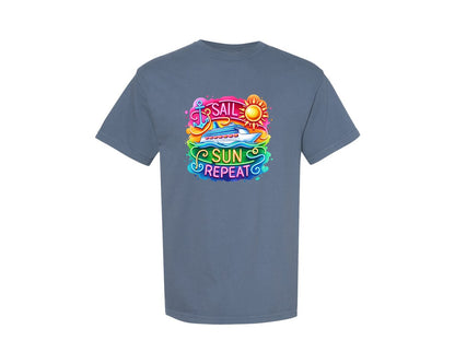 brand:Comfort Colors|color:Blue Jean|Neon Cruise Ship Sail Sun Repeat Graphic T-Shirt