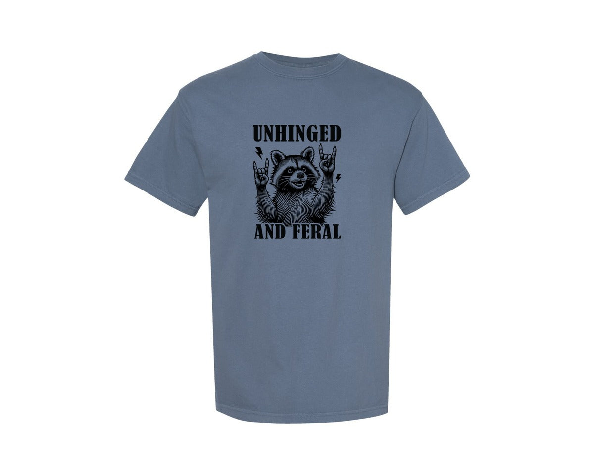 brand:Comfort Colors|color:Blue Jean|Unhinged And Feral Vintage Raccoon Meme Graphic T-Shirt