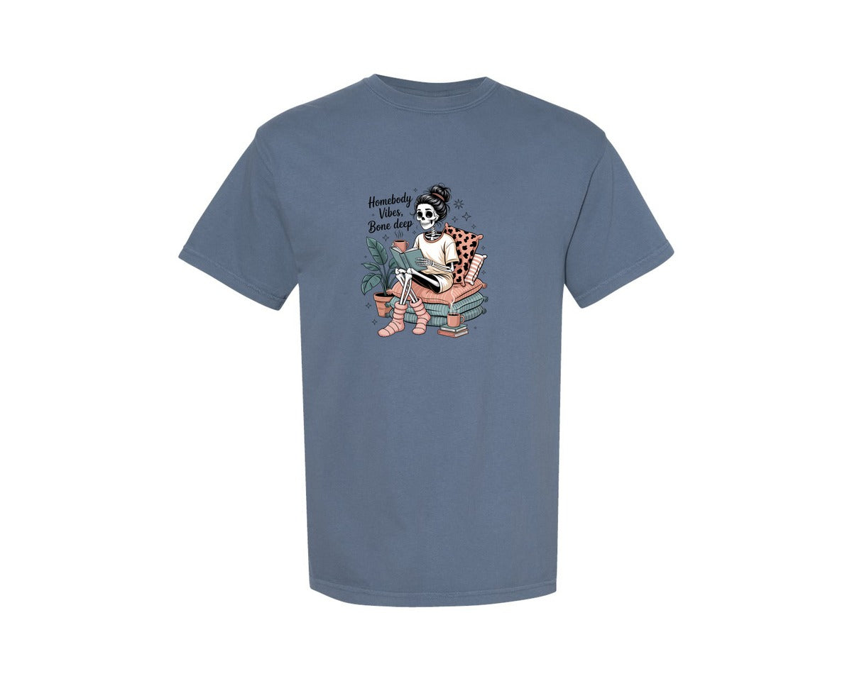 brand:Comfort Colors|color:Blue Jean|Homebody Vibes Bone Deep Funny Skeleton Graphic T-Shirt