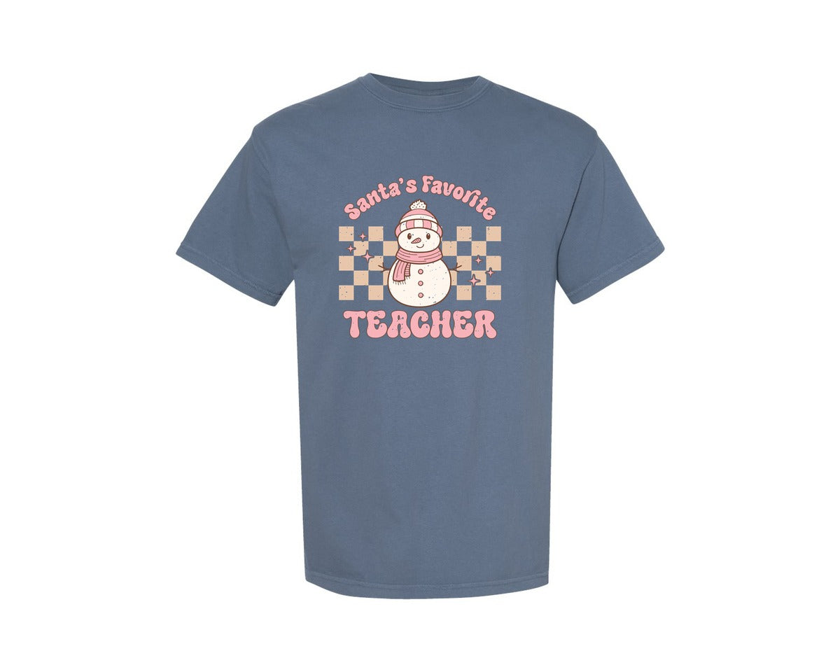 brand:Comfort Colors|color:Blue Jean|Santas Favorite Teacher 11 Graphic T-Shirt