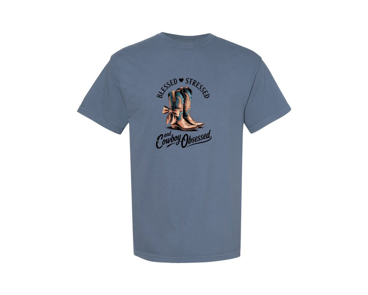 brand:Comfort Colors|color:Blue Jean|Blessed Stressed Mom Western Mothers Day 3 Graphic T-Shirt