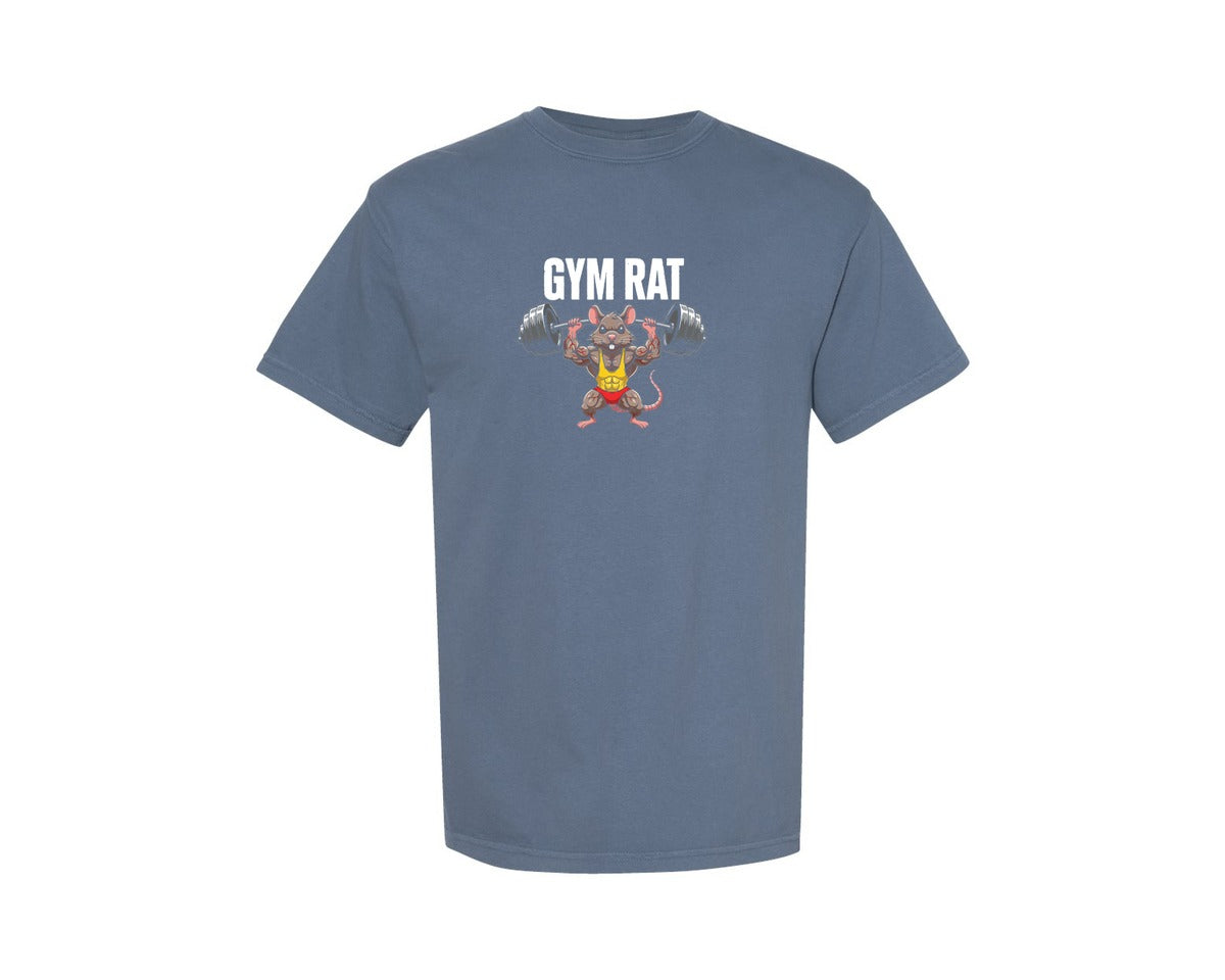 brand:Comfort Colors|color:Blue Jean|Gym Rat Funny Cartoon Muscle Rat T Shirt Graphic T-Shirt