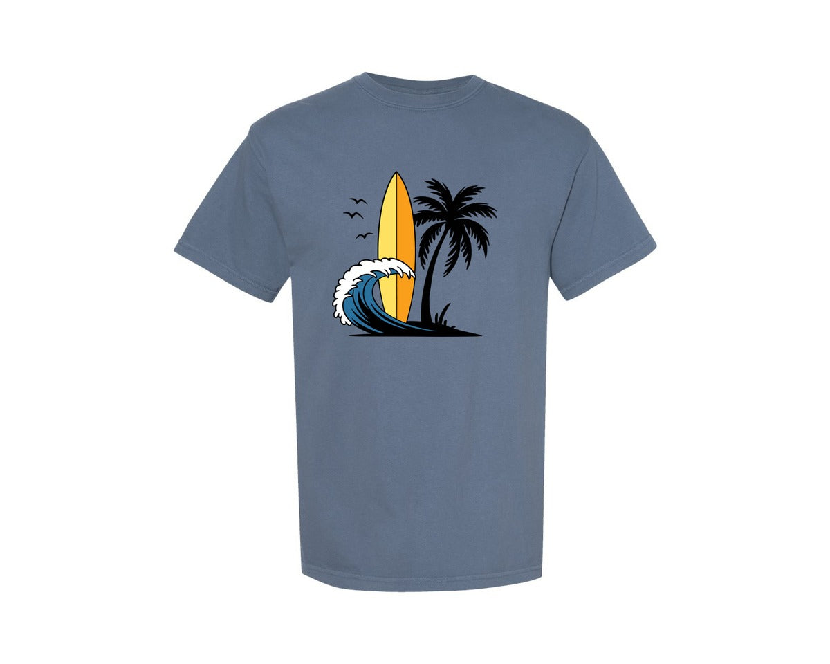 brand:Comfort Colors|color:Blue Jean|Surfboard With Ocean Wave And Palm Tree Graphic T-Shirt