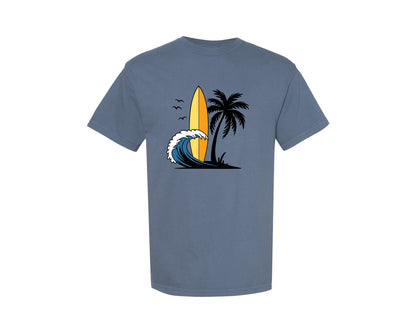 brand:Comfort Colors|color:Blue Jean|Surfboard With Ocean Wave And Palm Tree Graphic T-Shirt