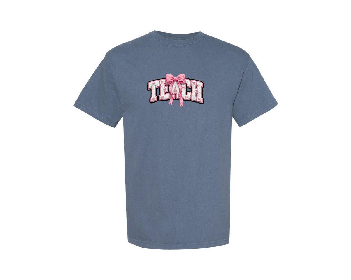 brand:Comfort Colors|color:Blue Jean|Teach Faux Yarn Coquette Bow Graphic T-Shirt