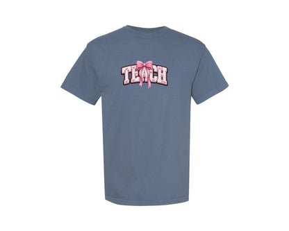 brand:Comfort Colors|color:Blue Jean|Teach Faux Yarn Coquette Bow Graphic T-Shirt