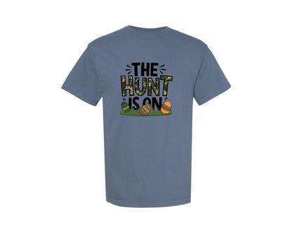 brand:Comfort Colors|color:Blue Jean|The Hunt Is On Camo Easter Egg Camo Graphic T-Shirt