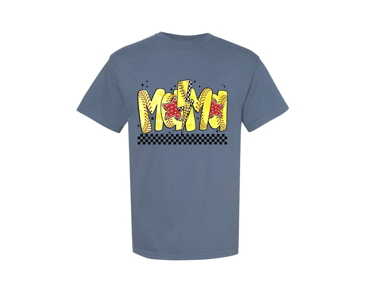 brand:Comfort Colors|color:Blue Jean|Softball Mama Lightning Bolt Checkered Graphic T-Shirt