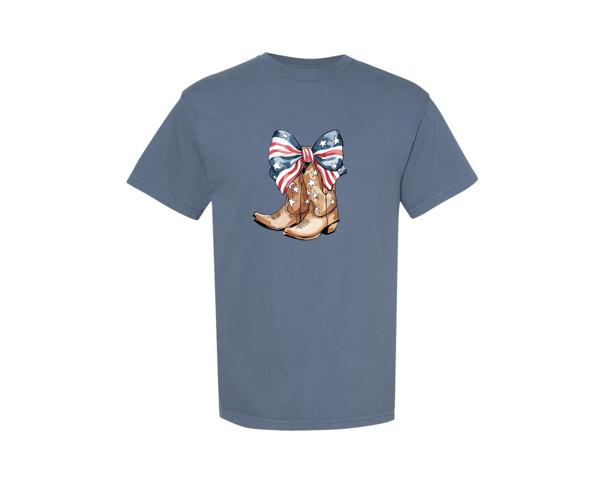 brand:Comfort Colors|color:Blue Jean|Patriotic Coquette Cowgirl Boots Graphic T-Shirt