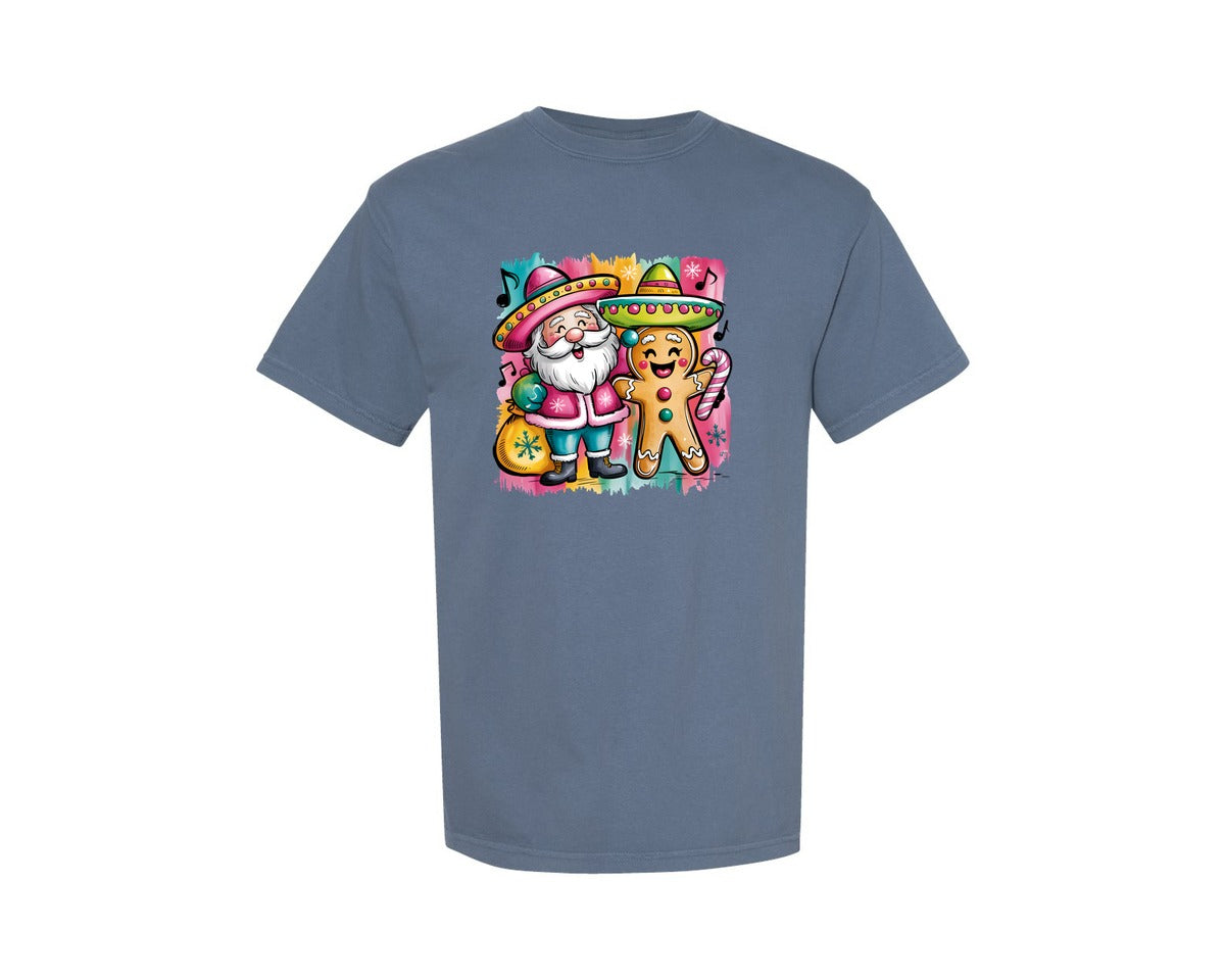 brand:Comfort Colors|color:Blue Jean|Feliz Navidad Mexican Gingerbread Graphic T-Shirt