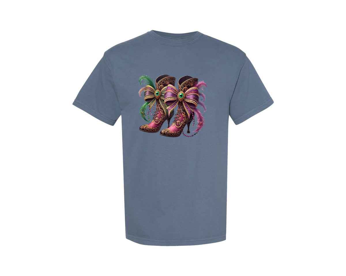 brand:Comfort Colors|color:Blue Jean|Mardi Gras Coquette Bow Cowboy Boots Graphic T-Shirt