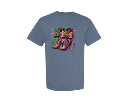 brand:Comfort Colors|color:Blue Jean|Mardi Gras Coquette Bow Cowboy Boots Graphic T-Shirt