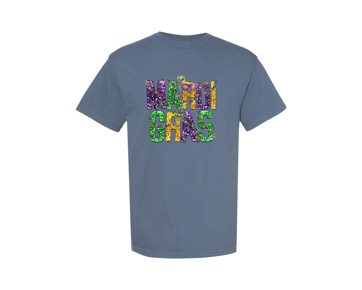 brand:Comfort Colors|color:Blue Jean|Mardi Gras Faux Sequin Glitter Sublimate 2 Graphic T-Shirt