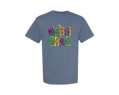 brand:Comfort Colors|color:Blue Jean|Mardi Gras Faux Sequin Glitter Sublimate 2 Graphic T-Shirt