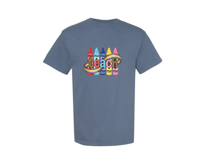 brand:Comfort Colors|color:Blue Jean|Teach Crayon Bow Leopard Print Graphic T-Shirt