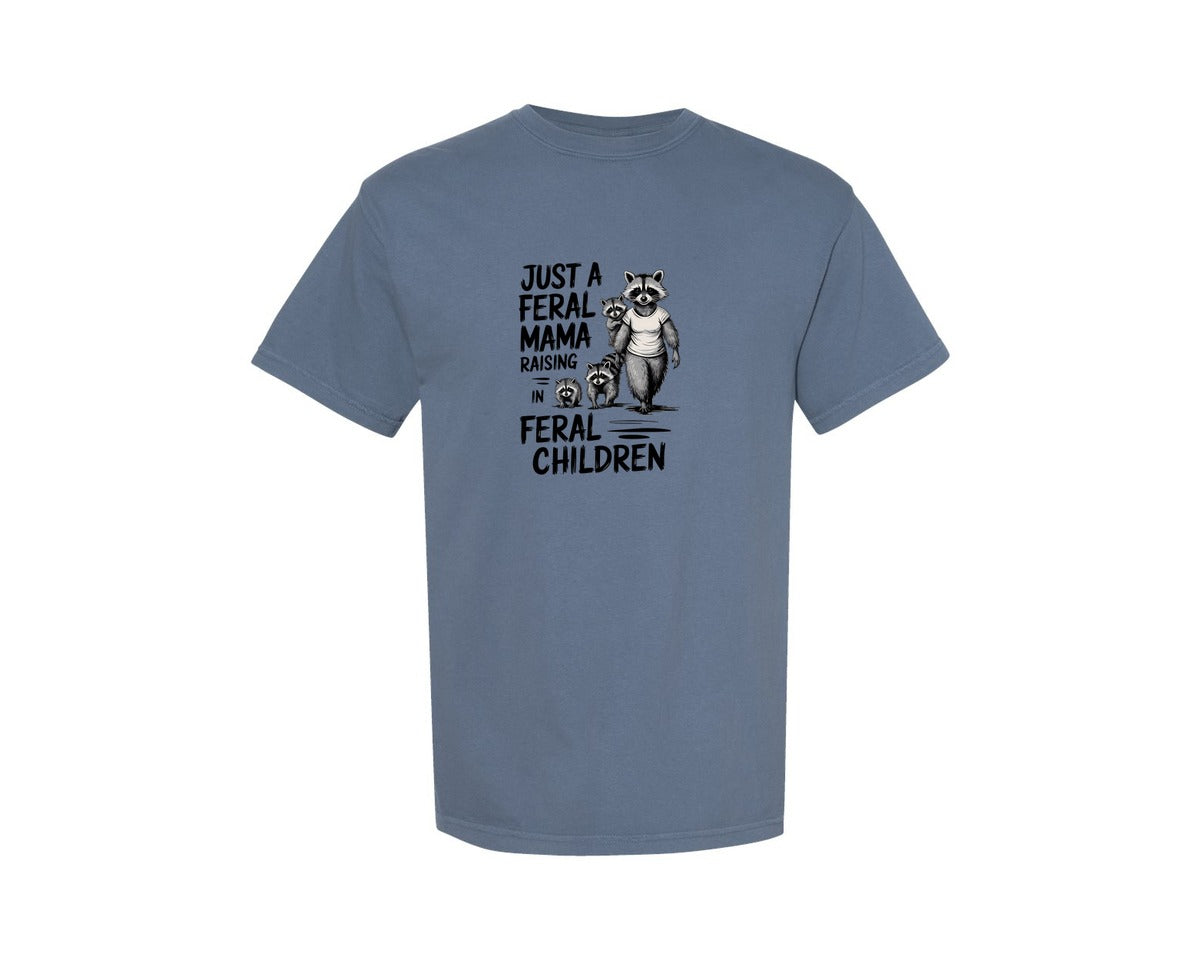 brand:Comfort Colors|color:Blue Jean|Funny Mothers Day Raccoon Mama Tired Graphic T-Shirt