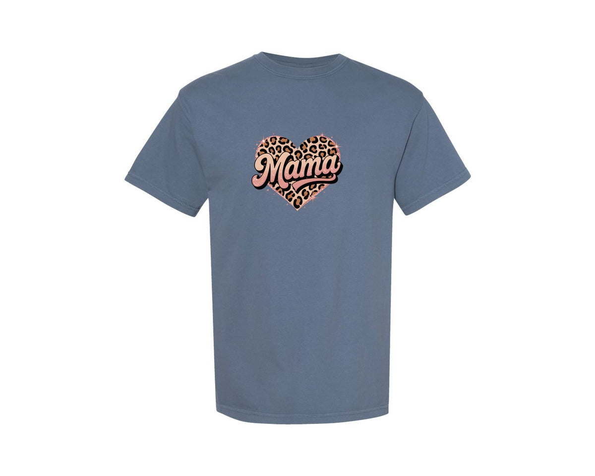 brand:Comfort Colors|color:Blue Jean|Leopard Print Mama Heart Glitter Tee Graphic T-Shirt