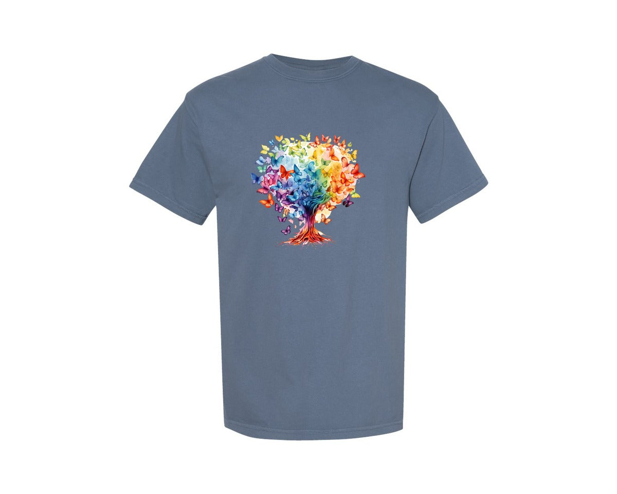 brand:Comfort Colors|color:Blue Jean|Autism Awareness Rainbow Butterfly Tree Graphic T-Shirt