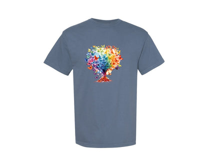 brand:Comfort Colors|color:Blue Jean|Autism Awareness Rainbow Butterfly Tree Graphic T-Shirt