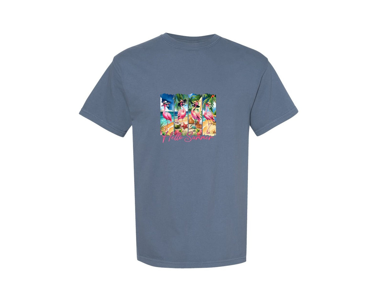 brand:Comfort Colors|color:Blue Jean|Hello Summer Flamingo Beach Graphic T-Shirt