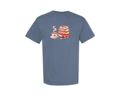 brand:Comfort Colors|color:Blue Jean|Valentine Books And Coffee Cup Graphic T-Shirt