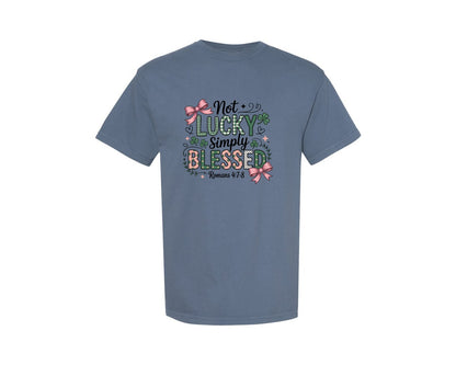 brand:Comfort Colors|color:Blue Jean|Simply Blessed Christian Shamrock Graphic T-Shirt