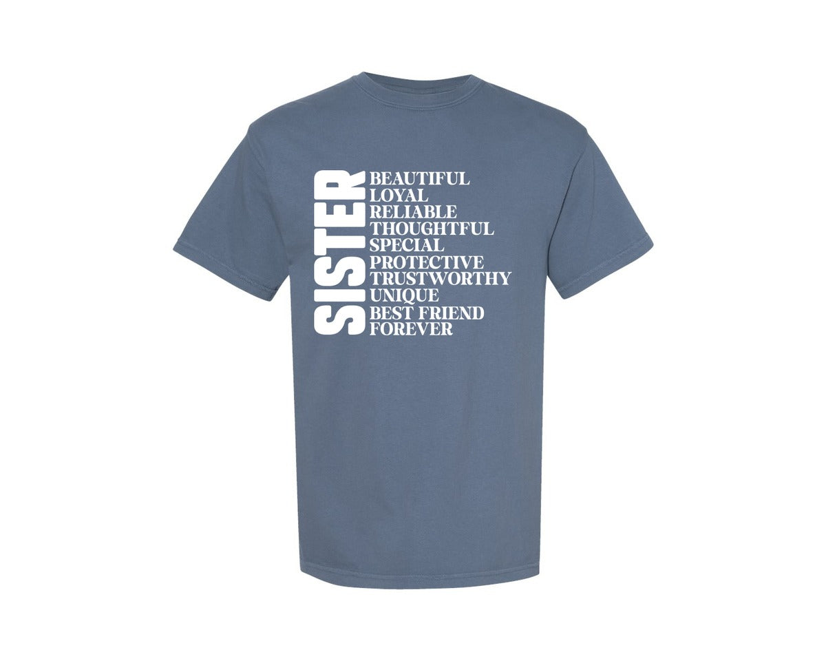 brand:Comfort Colors|color:Blue Jean|Sister Adjectives Graphic T-Shirt