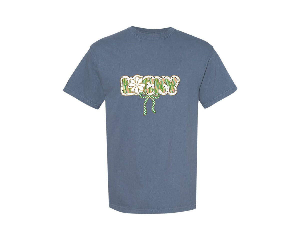 brand:Comfort Colors|color:Blue Jean|Lucky Clover Bow Preppy St Patricks Graphic T-Shirt