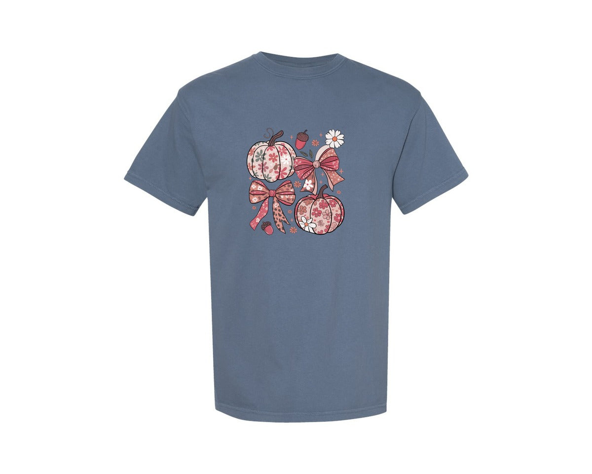 brand:Comfort Colors|color:Blue Jean|Preppy Floral Fall Pumpkin Bow Shirt Graphic T-Shirt