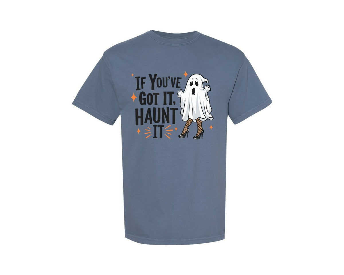 brand:Comfort Colors|color:Blue Jean|Haunt It Fierce Funny Ghost Quote Graphic T-Shirt