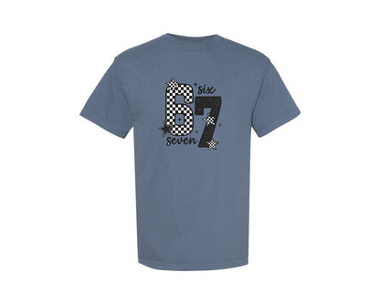 brand:Comfort Colors|color:Blue Jean|Six Seven 67 Checkered Stars Graphic T-Shirt
