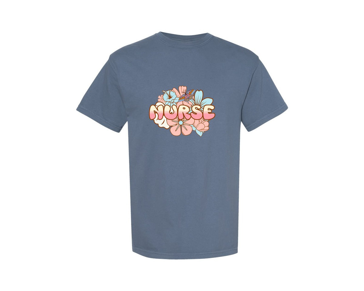 brand:Comfort Colors|color:Blue Jean|Floral Nurse Nurse Graphic T-Shirt
