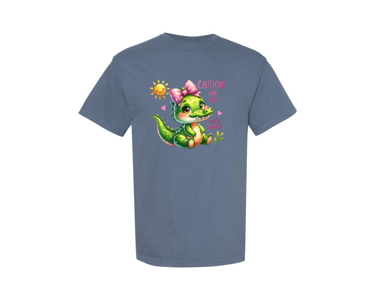 brand:Comfort Colors|color:Blue Jean|Funny Baby Crocodile With Bow Kids Graphic T-Shirt
