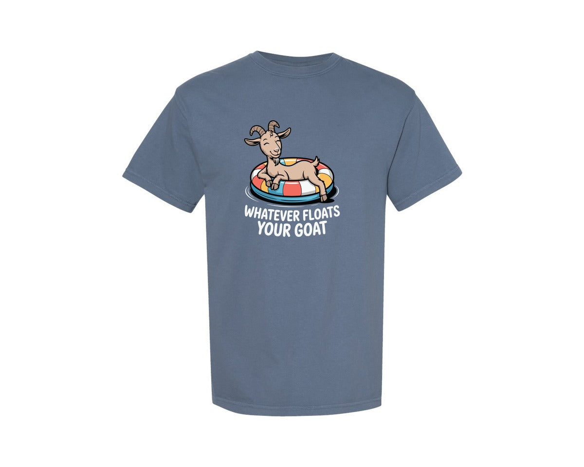 brand:Comfort Colors|color:Blue Jean|Whatever Floats Goat Funny Puns Graphic T-Shirt