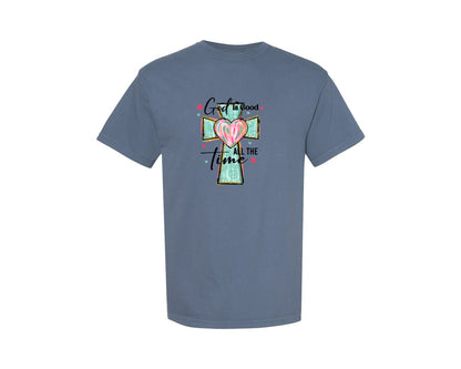 brand:Comfort Colors|color:Blue Jean|God Is Good Christian Cross 2 Graphic T-Shirt