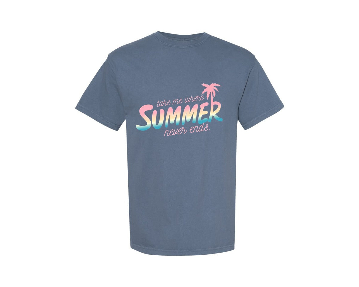 brand:Comfort Colors|color:Blue Jean|Where Summer Never Ends Summer 2 Graphic T-Shirt