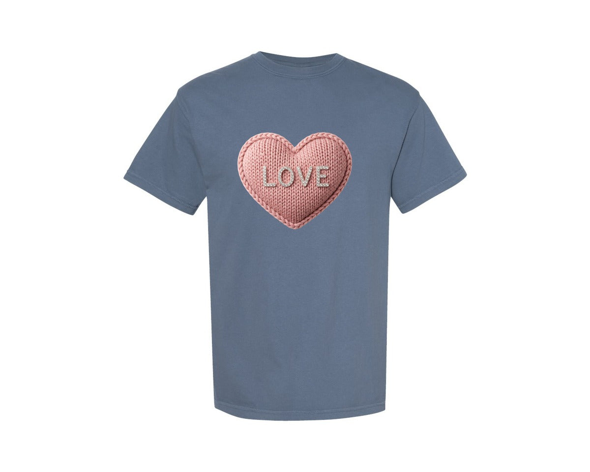 brand:Comfort Colors|color:Blue Jean|Faux Knitted Love Heart 2 Graphic T-Shirt
