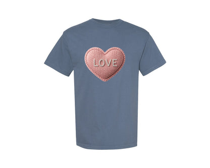 brand:Comfort Colors|color:Blue Jean|Faux Knitted Love Heart 2 Graphic T-Shirt