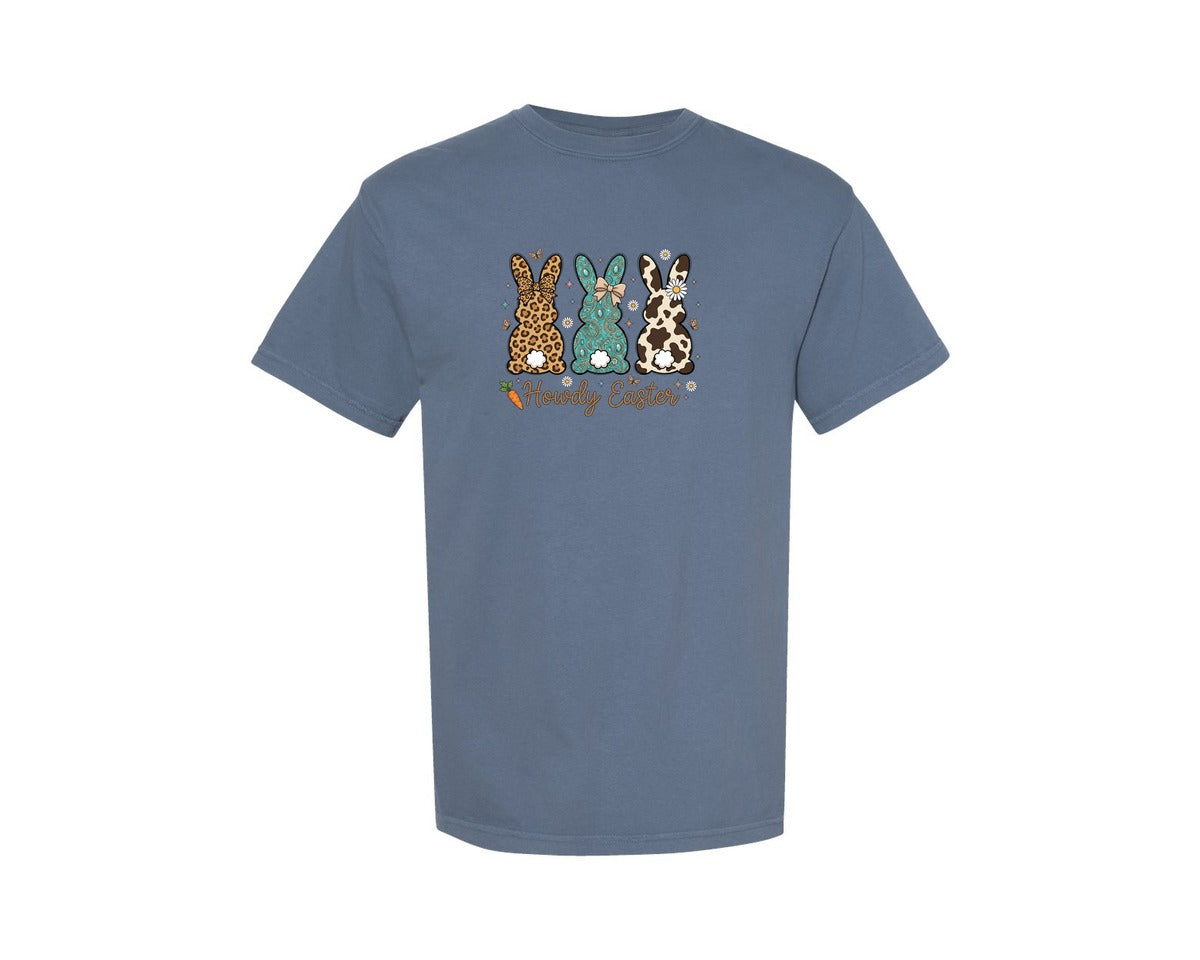 brand:Comfort Colors|color:Blue Jean|Howdy Easter Western Cowgirl Bunny Graphic T-Shirt