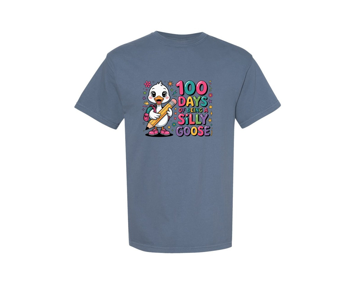 brand:Comfort Colors|color:Blue Jean|Funny Goose Happy 100 Days Of School Graphic T-Shirt