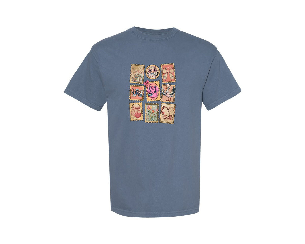 brand:Comfort Colors|color:Blue Jean|Valentine Postage Stamp Collage 2 Graphic T-Shirt