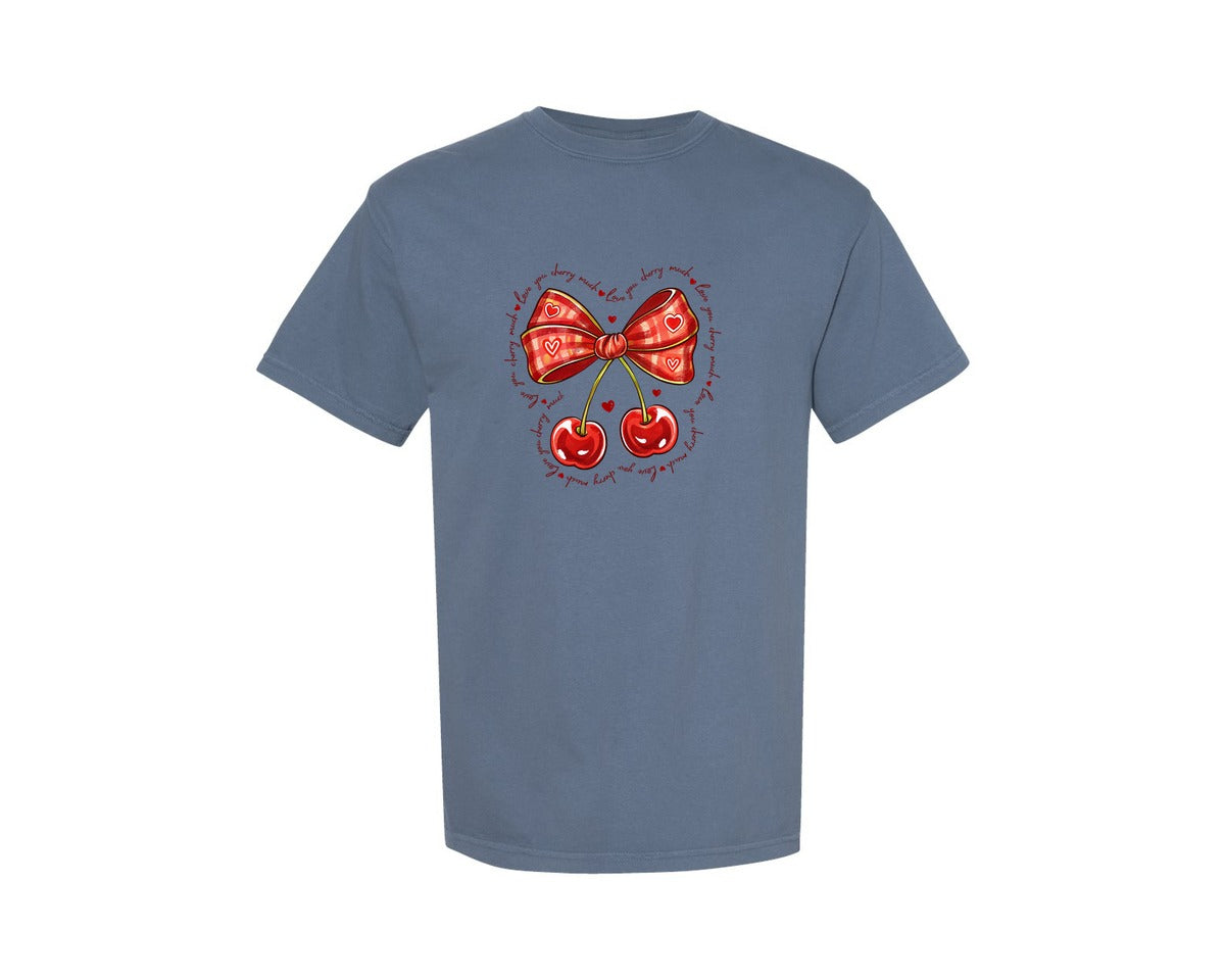 brand:Comfort Colors|color:Blue Jean|Love You Cherry Much Coquette Bow Graphic T-Shirt