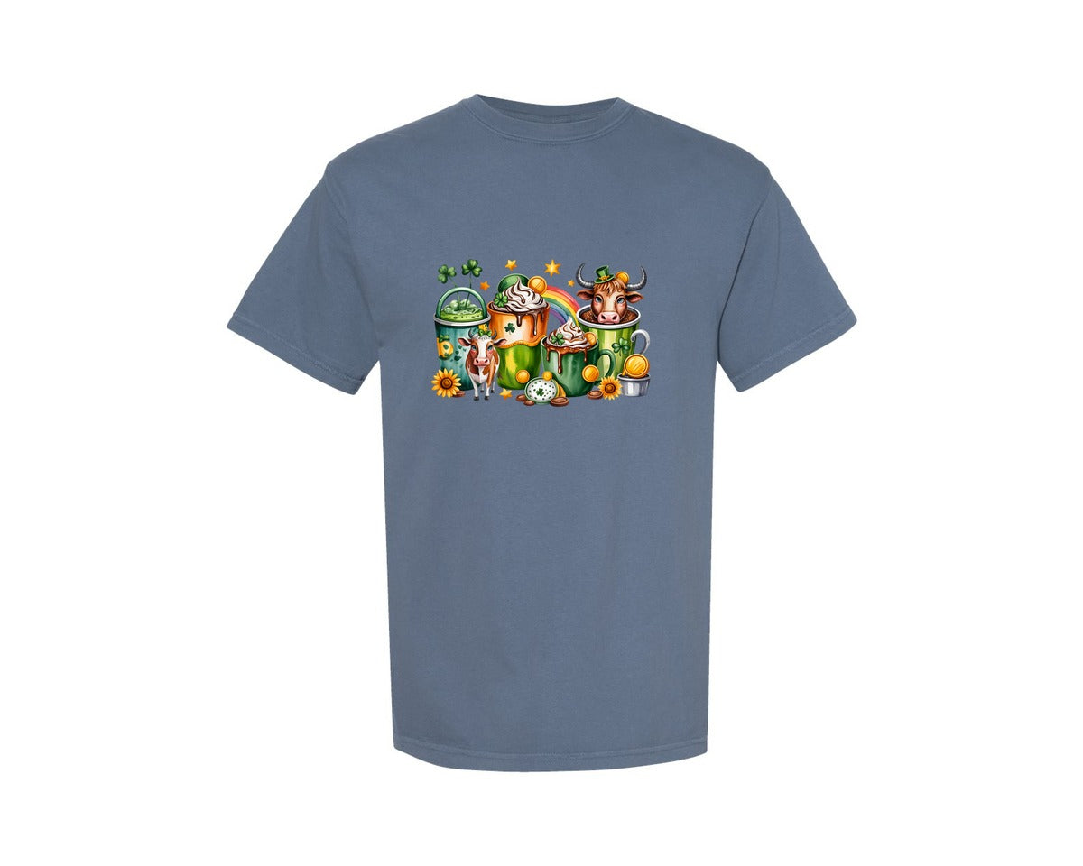 brand:Comfort Colors|color:Blue Jean|St Patricks Day Cow Drink Graphic T-Shirt