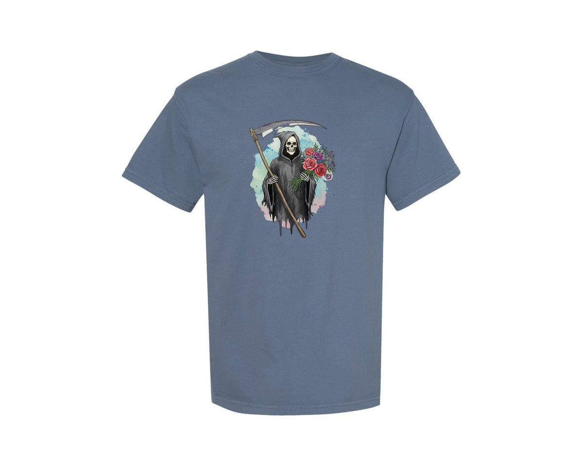 brand:Comfort Colors|color:Blue Jean|Grim Reaper With Flowers Gothic Graphic T-Shirt