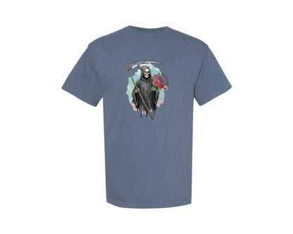 brand:Comfort Colors|color:Blue Jean|Grim Reaper With Flowers Gothic Graphic T-Shirt