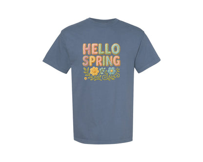 brand:Comfort Colors|color:Blue Jean|Faux Yarn Hello Spring Graphic T-Shirt