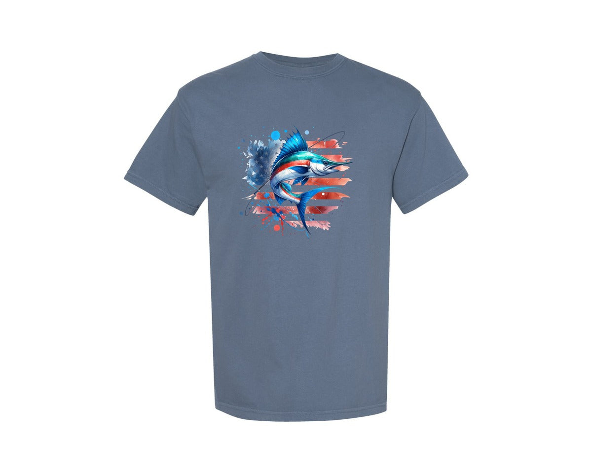 brand:Comfort Colors|color:Blue Jean|American Flag Sailfish Fishing Graphic T-Shirt