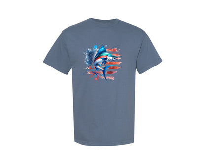 brand:Comfort Colors|color:Blue Jean|American Flag Sailfish Fishing Graphic T-Shirt