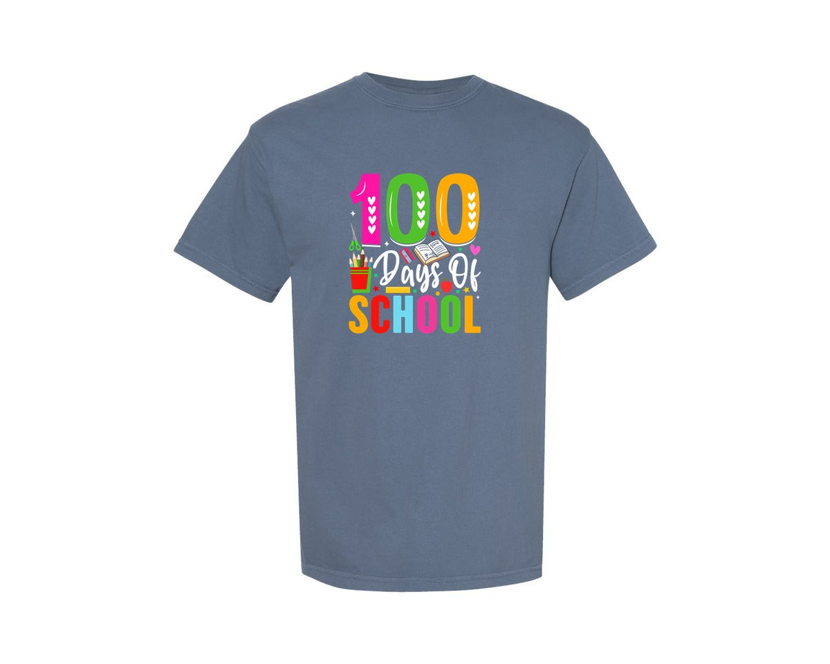 brand:Comfort Colors|color:Blue Jean|100 Days Of School Design Happy 100 Graphic T-Shirt
