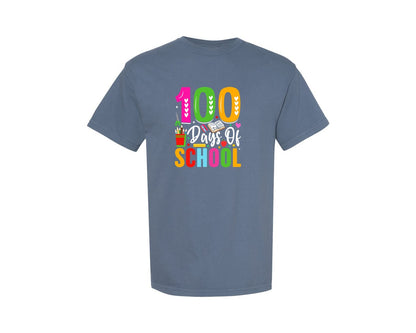 brand:Comfort Colors|color:Blue Jean|100 Days Of School Design Happy 100 Graphic T-Shirt